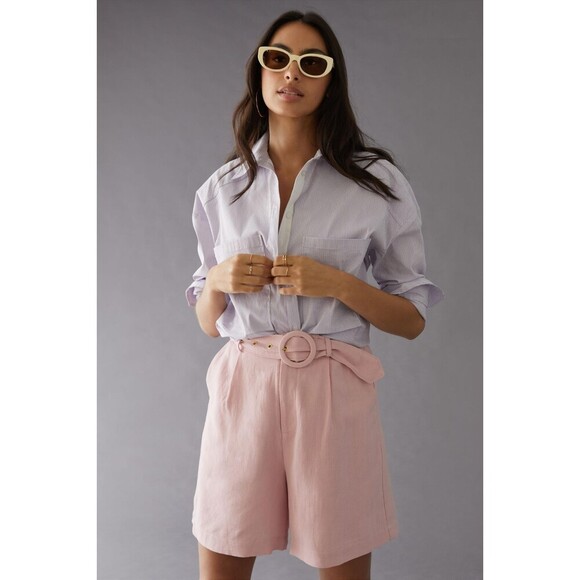 Pink Anthropologie High-Waisted Linen Blend Belted Long Shorts (NWT)